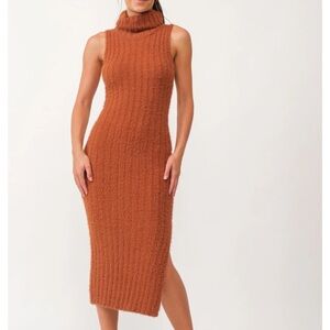 Camel fuzzy knit turtle neck dress